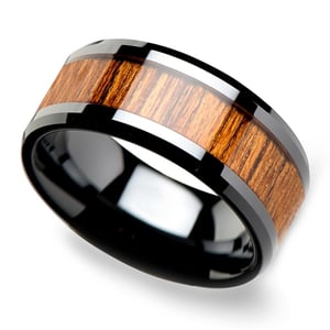 Wide Mens Teak Wood Inlay Wedding Ring In Black Ceramic