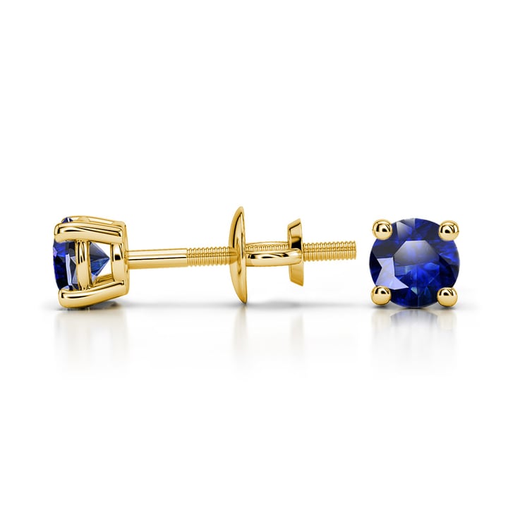 Round Blue Sapphire Gemstone Stud Earrings In Gold | 03