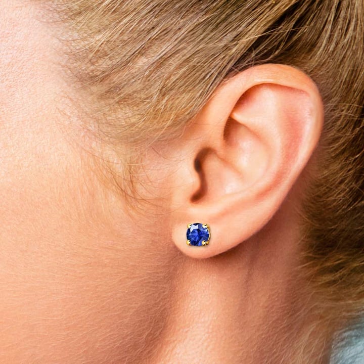 3 Ct Blue Sapphire Stud Earrings In Yellow Gold (6.4 mm) | Thumbnail 01