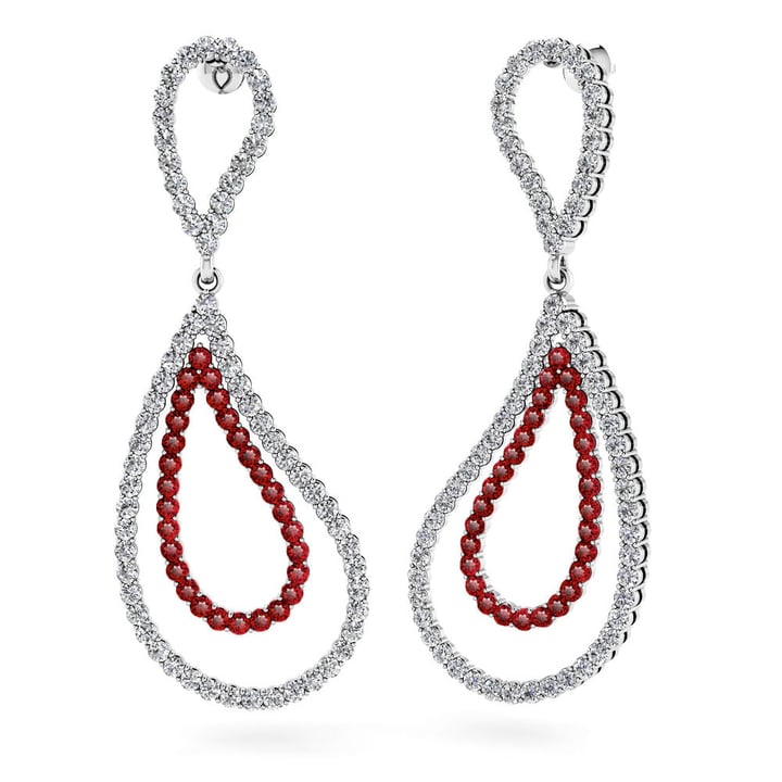 Ruby And Diamond Earrings In White Gold (Curved Dangle Design) | Thumbnail 01