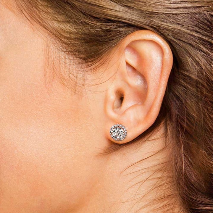 Rose Gold Halo Moissanite Stud Earrings (7.5mm) | Thumbnail 01