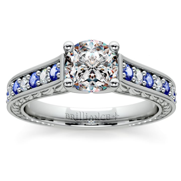 Antique Diamond and Sapphire Engagement Ring in White Gold | 01