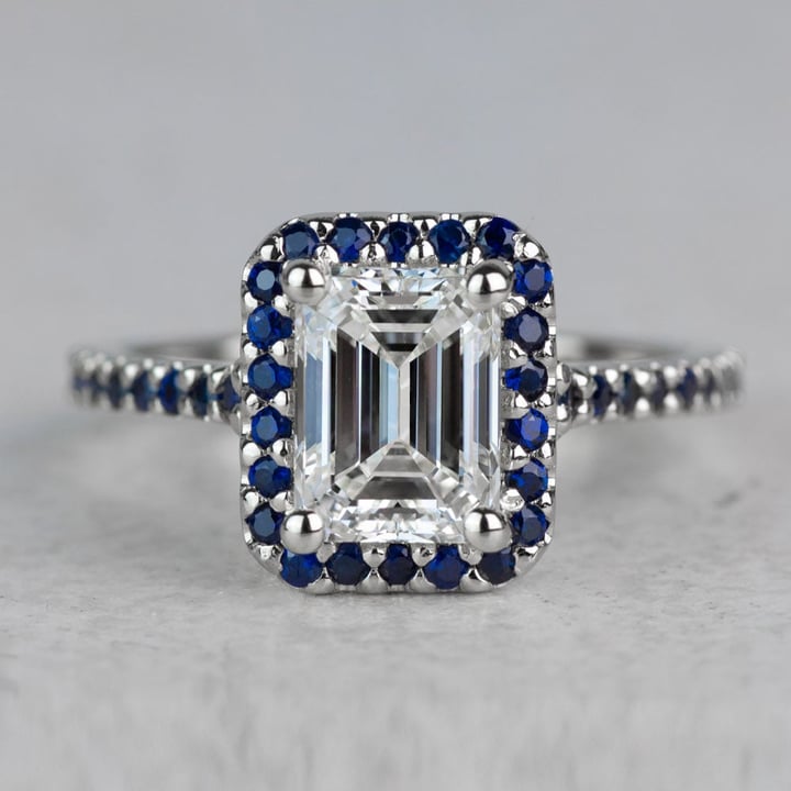 Diamond Engagement Ring With Sapphire Side Stones And Halo | Thumbnail 05