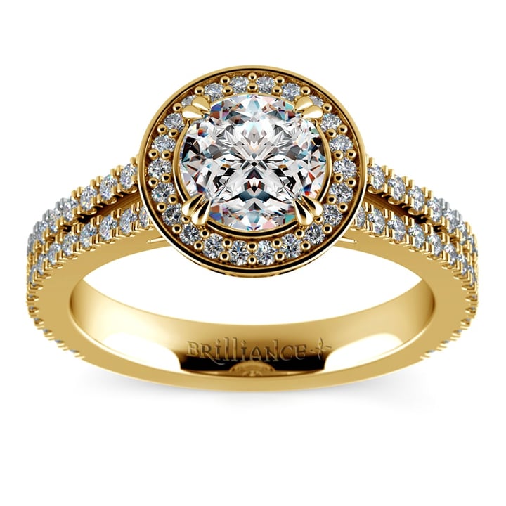 Split Shank Pave Halo Diamond Engagement Ring Setting In Yellow Gold | Thumbnail 01
