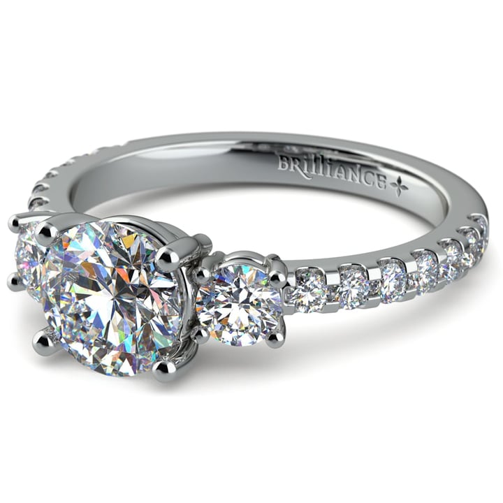 Three Stone Diamond Platinum Engagement Ring With Scalloped Band  | Thumbnail 04
