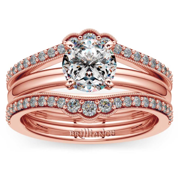 14K Rose Gold Vintage Diamond Bridal Set - Ring Wrap