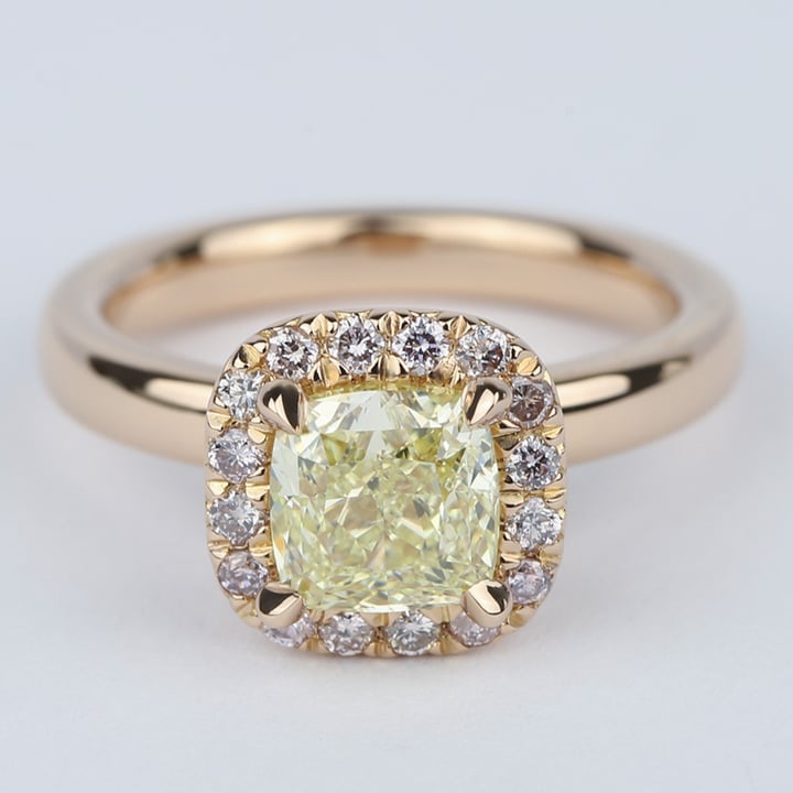 Yellow Diamond Cushion Cut Halo Engagement Ring In Rose Gold