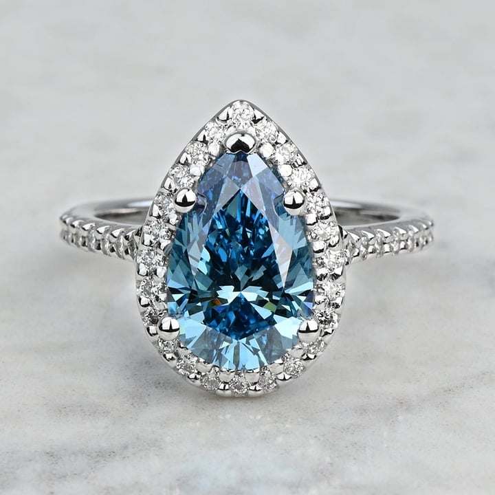 2.70 Carat Fancy Blue Lab Created Pear Halo Diamond Engagement Ring - small