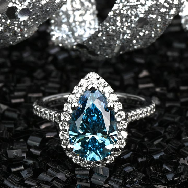 2.70 Carat Fancy Blue Lab Created Pear Halo Diamond Engagement Ring angle 5
