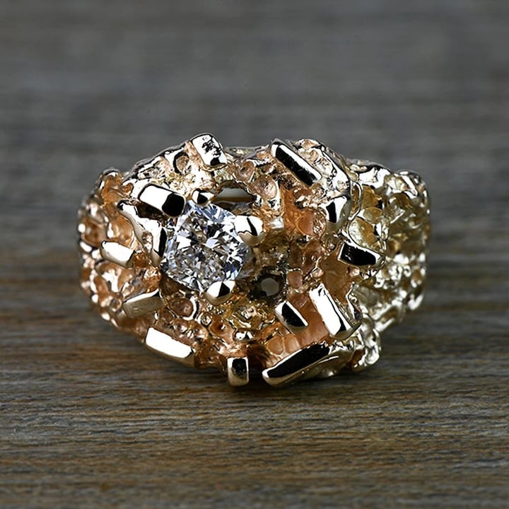 Custom 1 Carat Cushion Diamond Gold Nugget Mens Ring - small