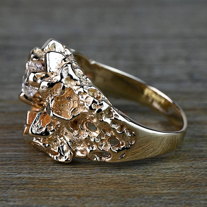 Custom 1 Carat Cushion Diamond Gold Nugget Mens Ring - small angle 2
