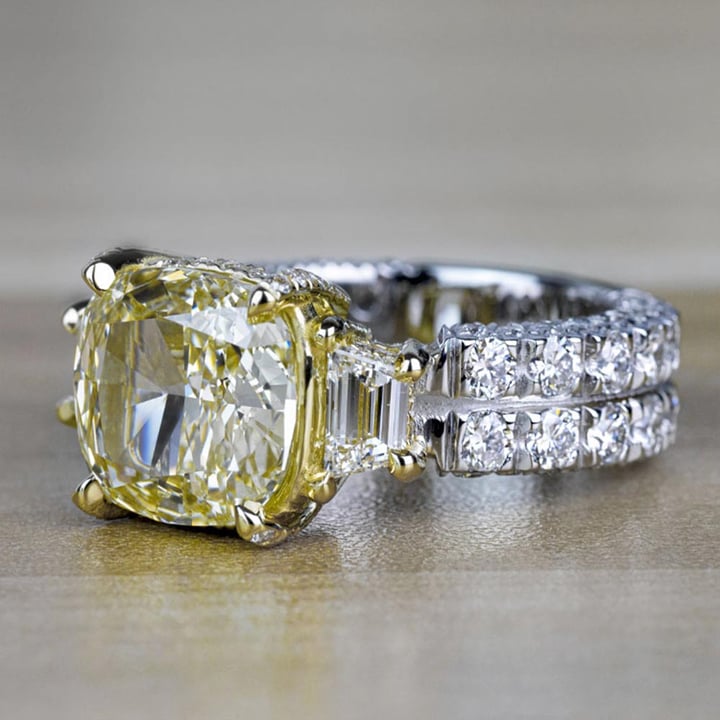 Custom Antique 7.00 Carat Yellow Diamond Three Stone Engagement Ring angle 2