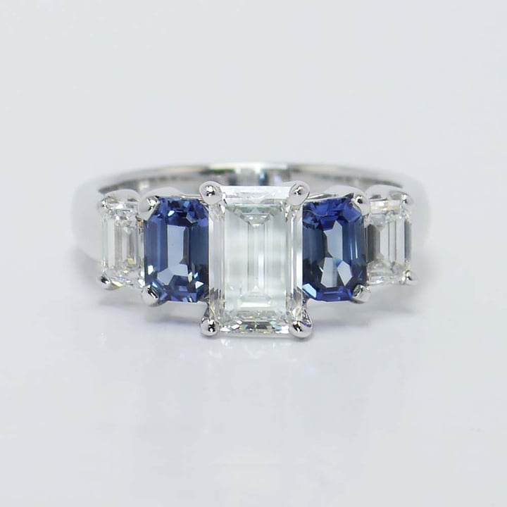 Art Deco Emerald Cut Diamond And Sapphire Ring In White Gold