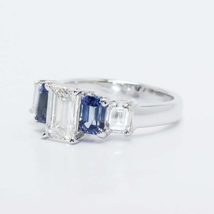 Art Deco Emerald Cut Diamond And Sapphire Ring In White Gold angle 3