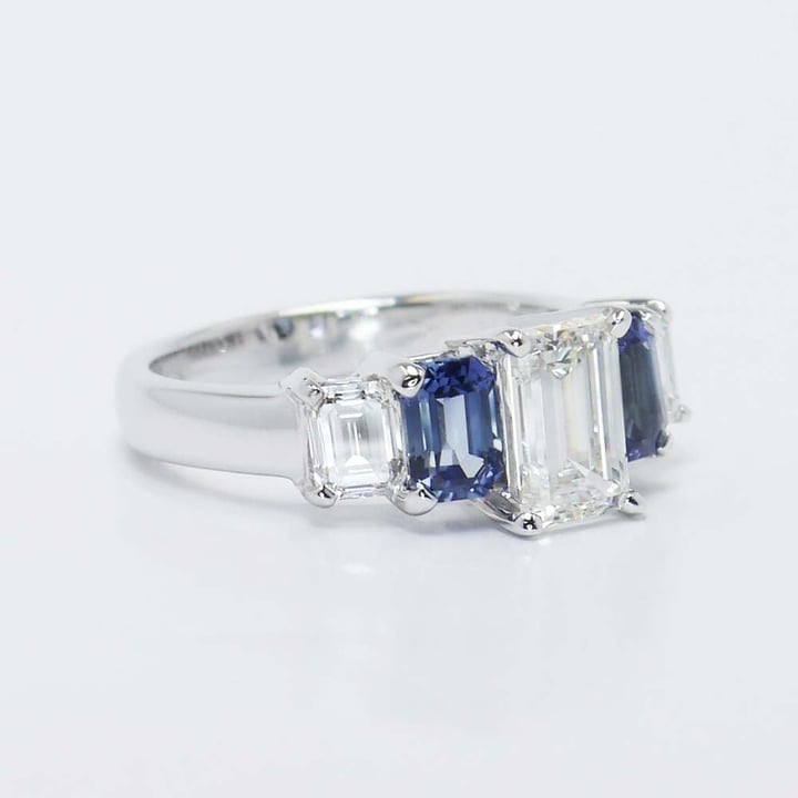 Art Deco Emerald Cut Diamond And Sapphire Ring In White Gold angle 4