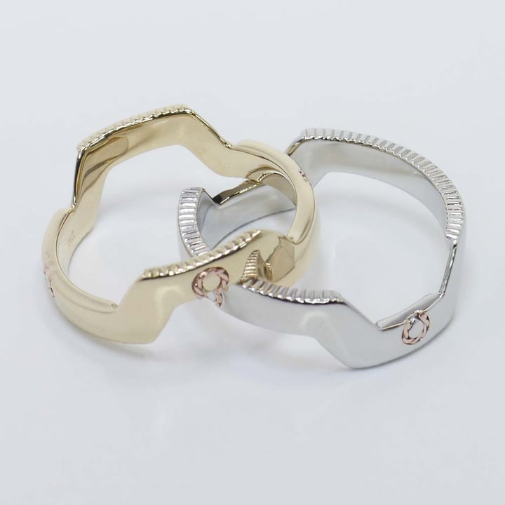 White And Yellow Gold Puzzle Wedding Band Ring Set angle 4