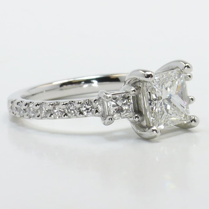 3 Stone Princess Cut White Gold Engagement Ring - small angle 3