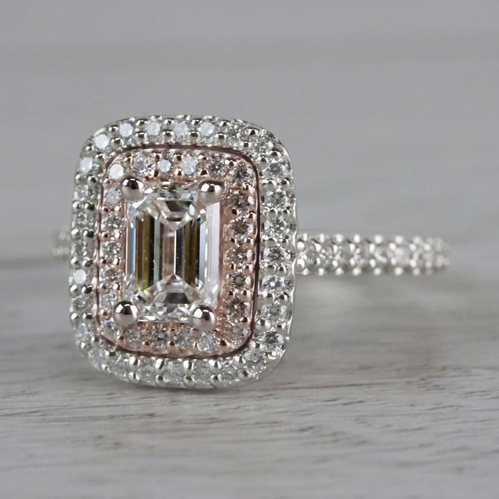 Double Halo Emerald Engagement Ring In White And Rose Gold - small angle 2