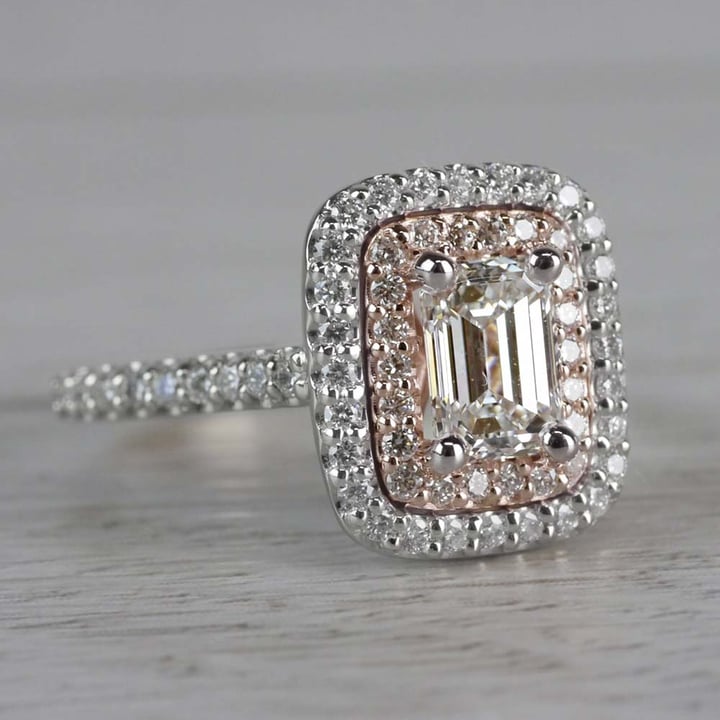 Double Halo Emerald Engagement Ring In White And Rose Gold - small angle 3