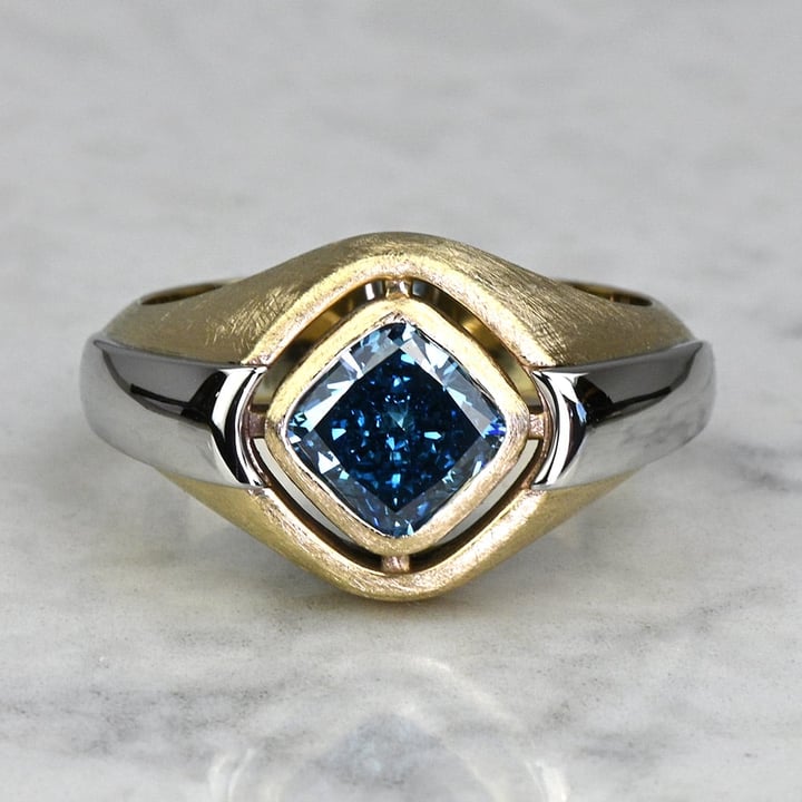 Custom Lab Grown Fancy Blue Cushion Diamond Two-Tone Stone Finish Ring