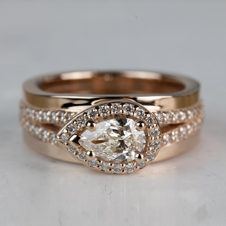 Rose Gold Horizontal-Set Pear Halo Diamond Engagement Ring - small