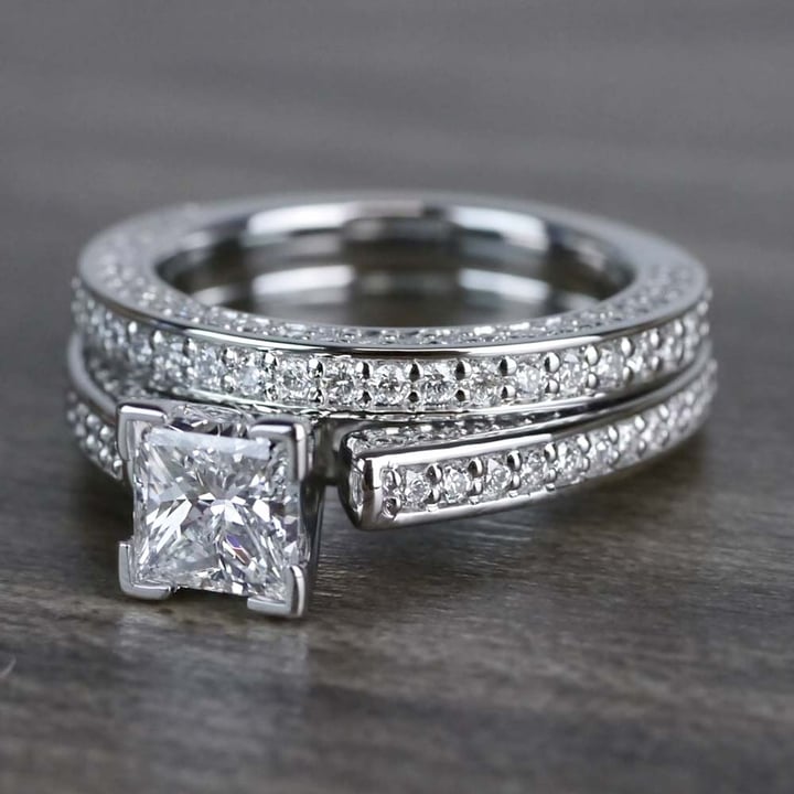 Princess Cut Engagement Ring With Diamond Wedding Band - Bridal Set - small angle 2