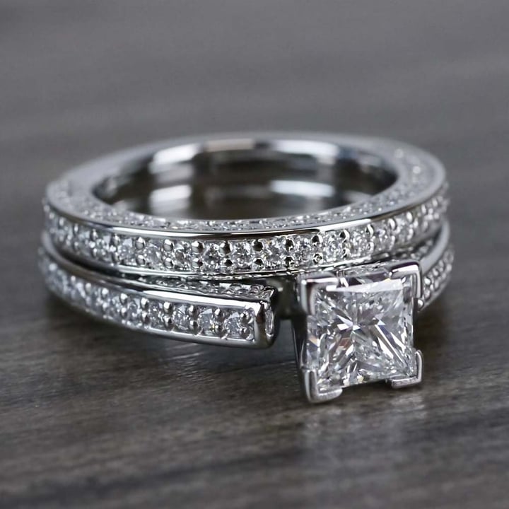 Princess Cut Engagement Ring With Diamond Wedding Band - Bridal Set - small angle 3