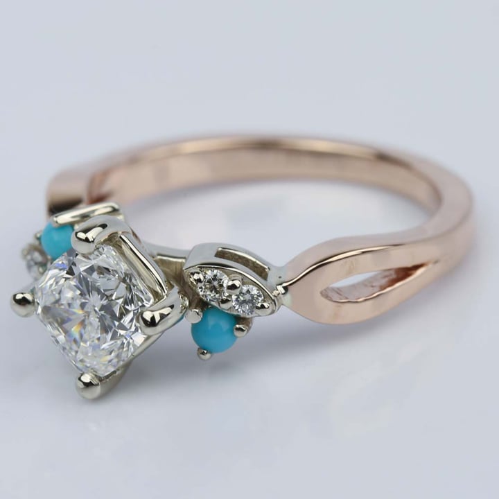Turquoise Accented Cushion Diamond Engagement Ring angle 2