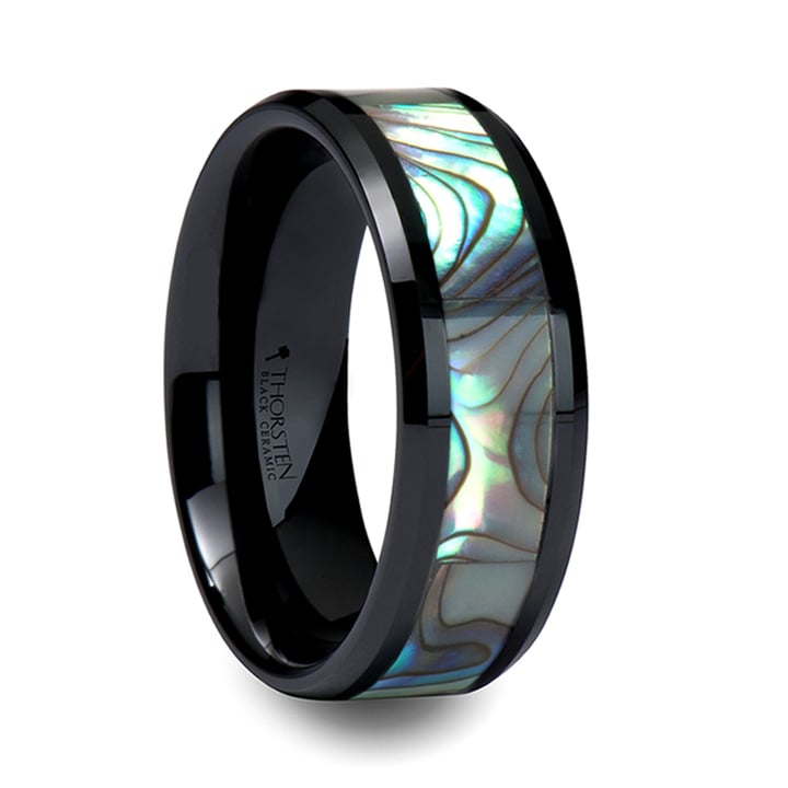 Aurora - Abalone Shell Inlay Wedding Band In Black Ceramic For Men | 02
