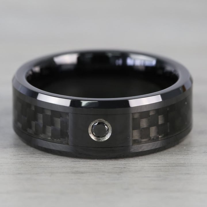 Black Ceramic Carbon Fiber Men's Ring with Black Diamond (8mm) | Thumbnail 03