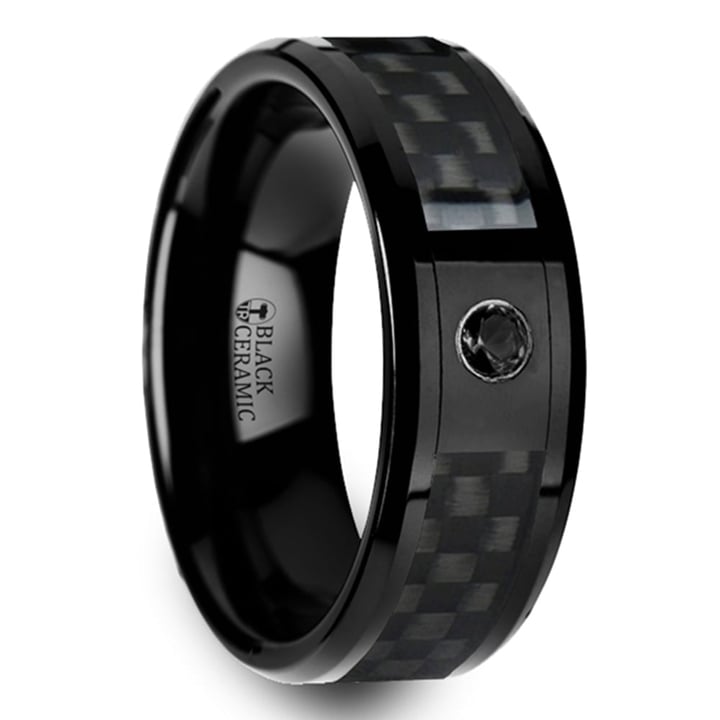 Black Ceramic Carbon Fiber Men's Ring with Black Diamond (8mm) | Thumbnail 02
