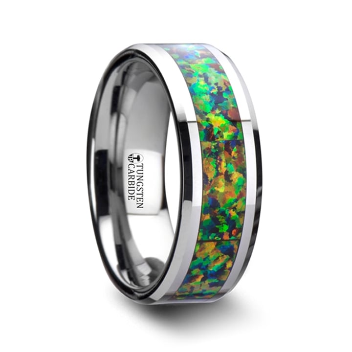 Irradiated - Blue & Orange Opal Inlay Men's Wedding Ring in Tungsten (8mm) | Thumbnail 02