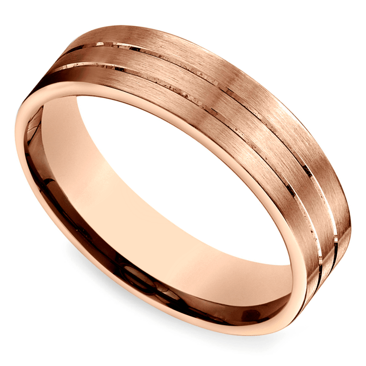 Satin Mens Wedding Ring In Rose Gold With Carved Grooves | Thumbnail 01