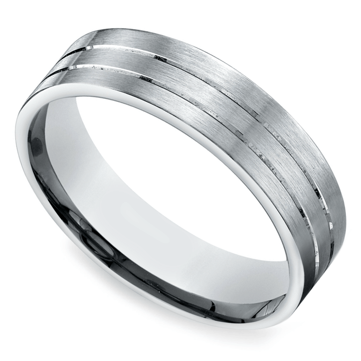 Satin Mens Wedding Ring In White Gold With Carved Grooves | Zoom