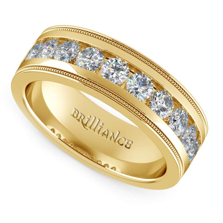 Classic Mens Gold Diamond Ring with Milgrain 7mm in Yellow Gold