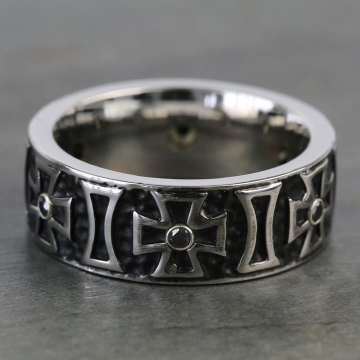 Mens Wedding Ring With Crosses And Black Diamond | Thumbnail 03
