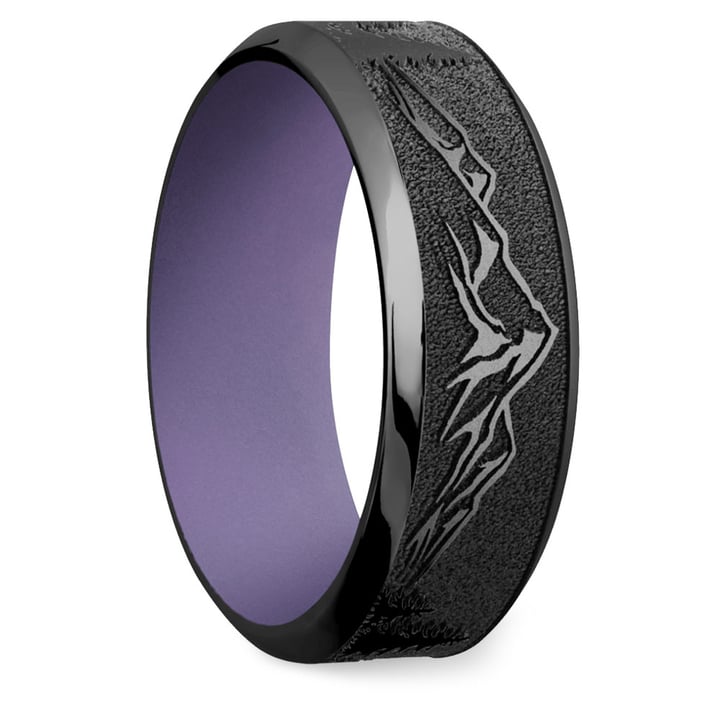 Dragon's Peak - Laser Carved Zirconium Mens Band with Purple Sleeve (8mm) | Thumbnail 02