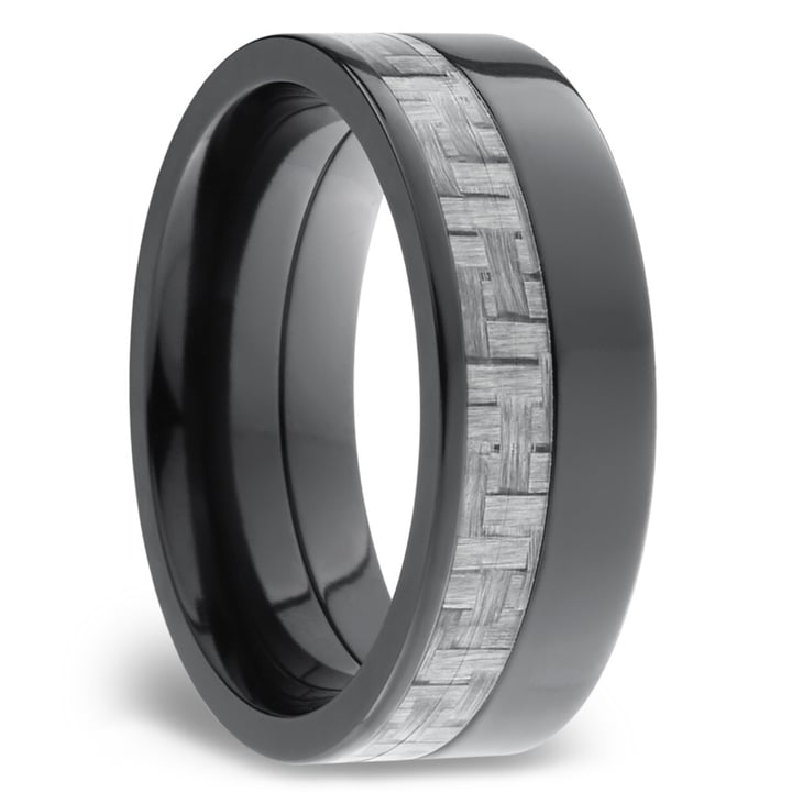 Mens Black Zirconium Wedding Ring With Carbon Fiber