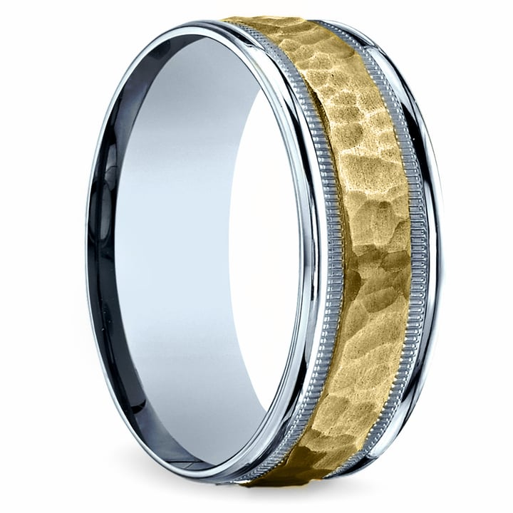 Mens Two Tone Hammered Wedding Band In Gold | 02