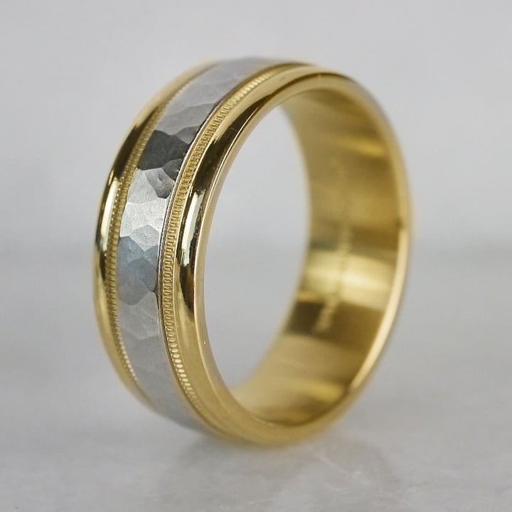 Two Tone Hammered Mens Wedding Band In Gold | 03