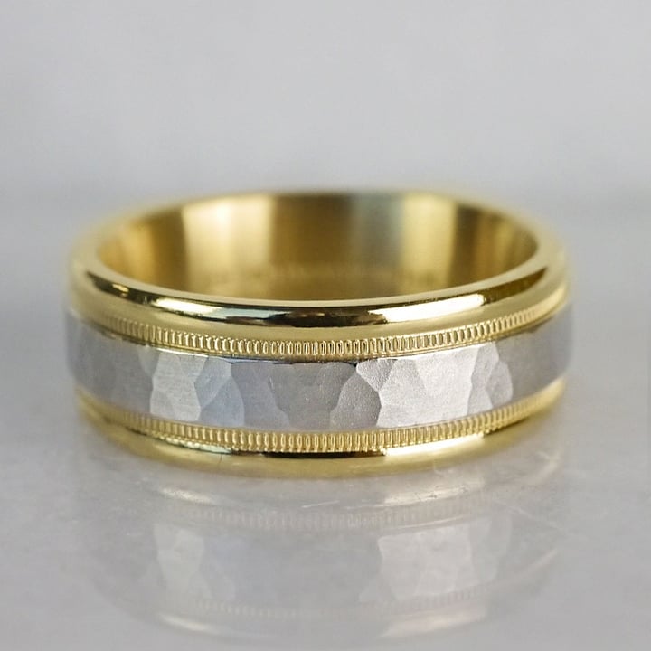 Two Tone Hammered Mens Wedding Band In Gold | 04