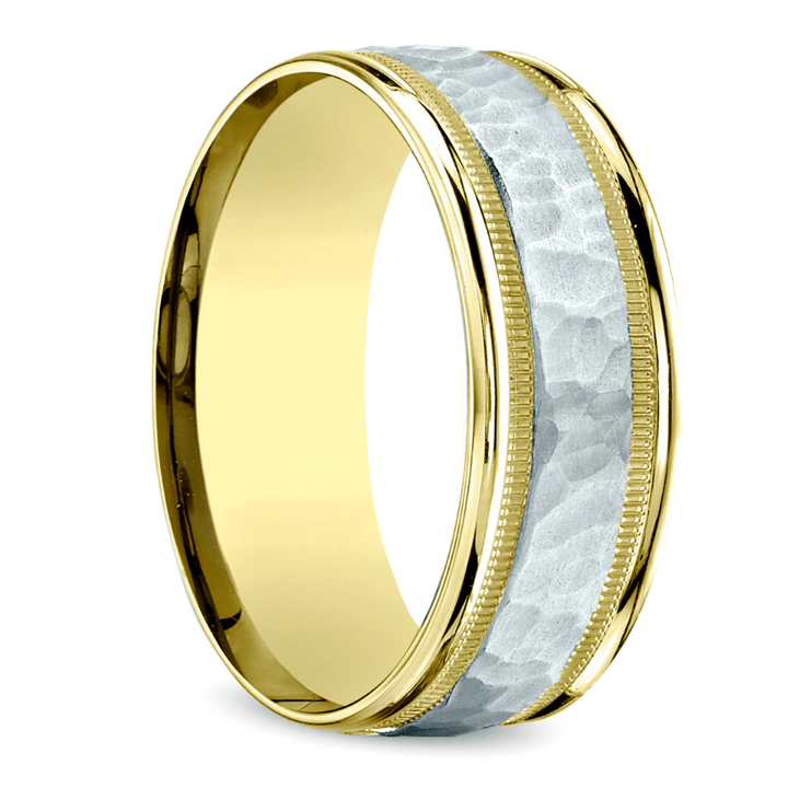 Two Tone Hammered Mens Wedding Band In Gold | 02