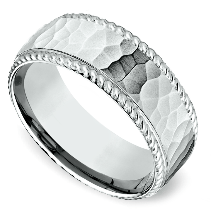 Hammered White Gold Mens Wedding Band | Zoom