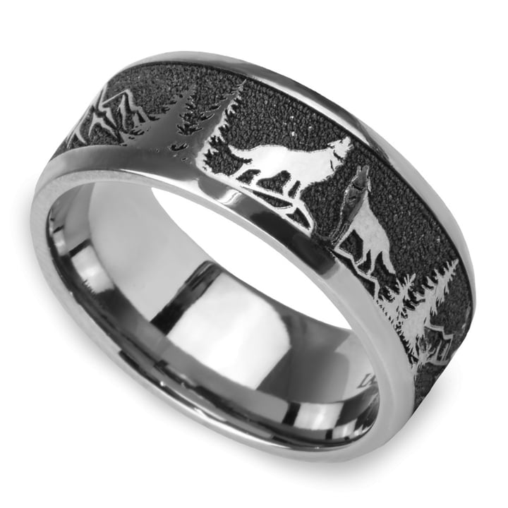 Howl - Wolf and Forest Pattern Mens Band in Titanium (9mm) | Zoom
