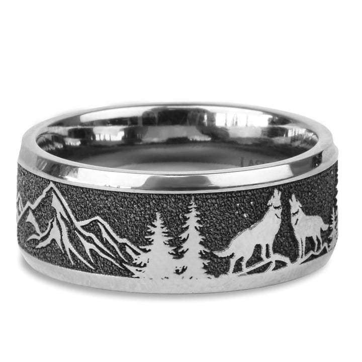 Howl - Wolf and Forest Pattern Mens Band in Titanium (9mm) | 03