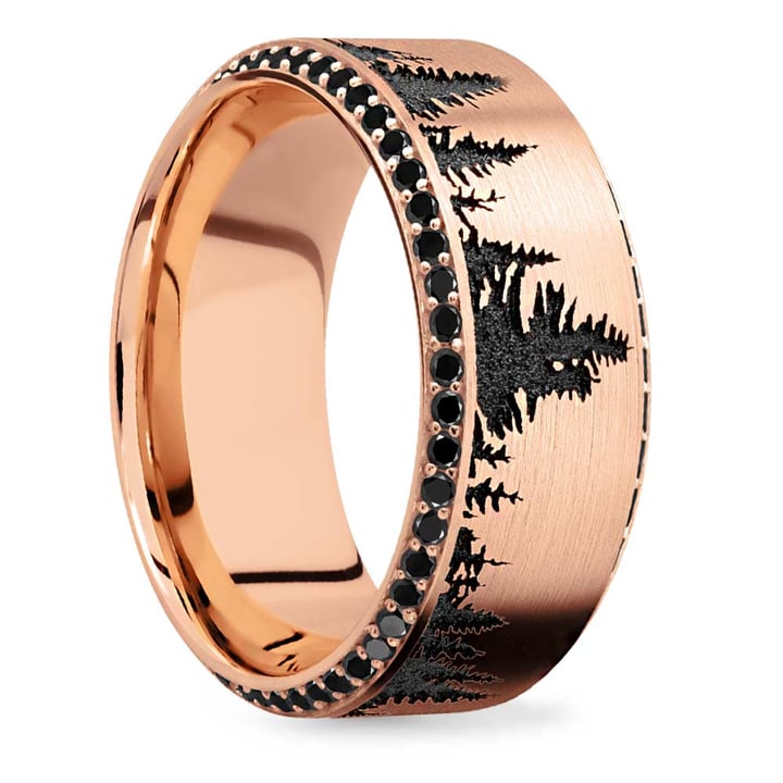 Rose Gold Mens Wedding Band With Diamond And Black Forest Pattern (9mm) | Thumbnail 02
