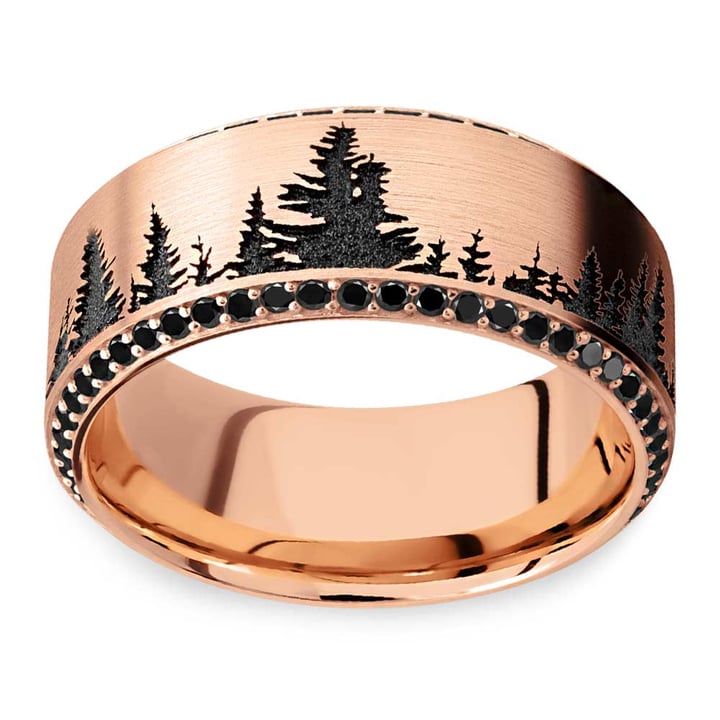Rose Gold Mens Wedding Band With Diamond And Black Forest Pattern (9mm) | 03