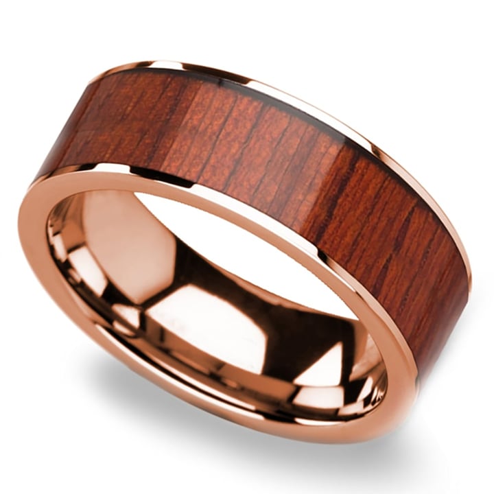 Rose Gold Male Wedding Ring With Padauk Wood Inlay | Thumbnail 01