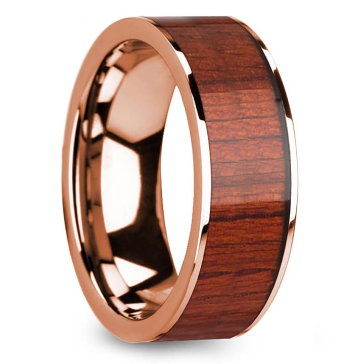 Rose Gold Male Wedding Ring With Padauk Wood Inlay | Thumbnail 02