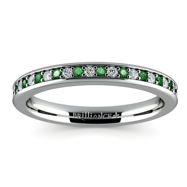 Pave Diamond And Emerald Wedding Ring in White Gold | Thumbnail 02
